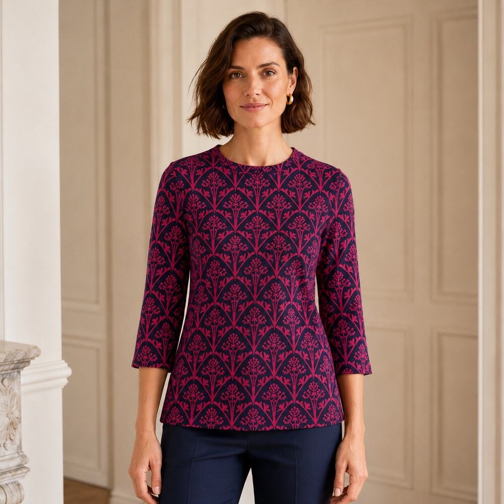 Modern Preppy Quiet Luxury Boden Botanical Jacquard Zip Back Navy Blue Knit Top